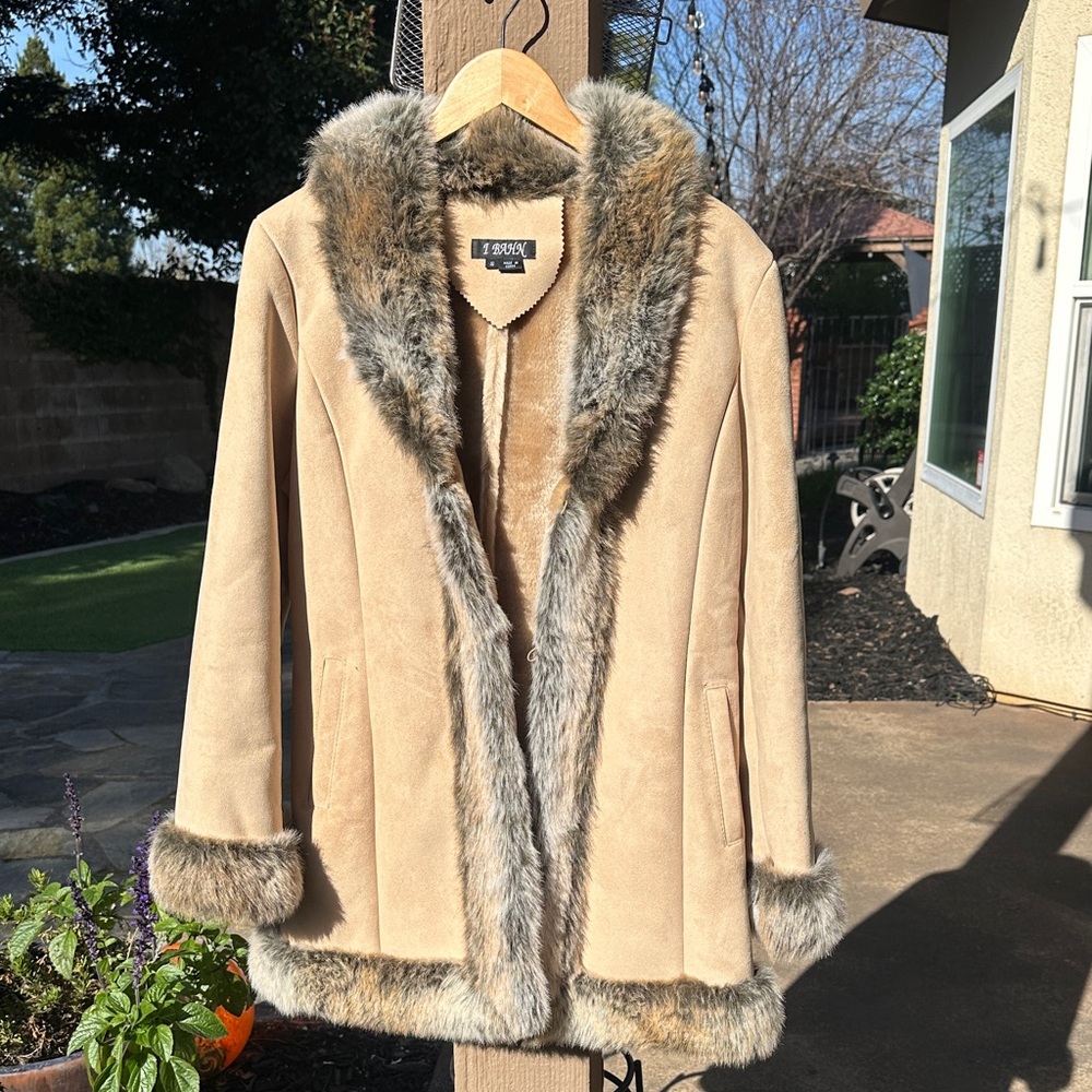 Women's Tan Coat with Faux Fur Trim